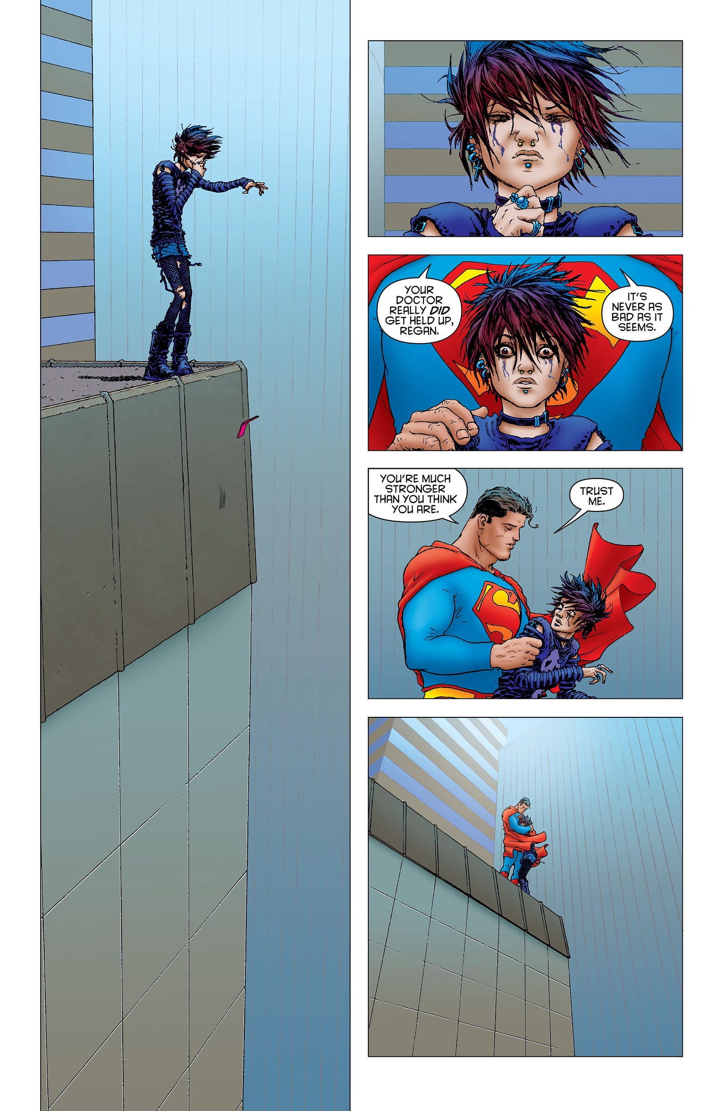 Page from All-Star Superman: Superman lands on the ledge of a tall building behind Regan, a teen about to commit suicide. Superman says, "You're much stronger than you think you are. Trust me."