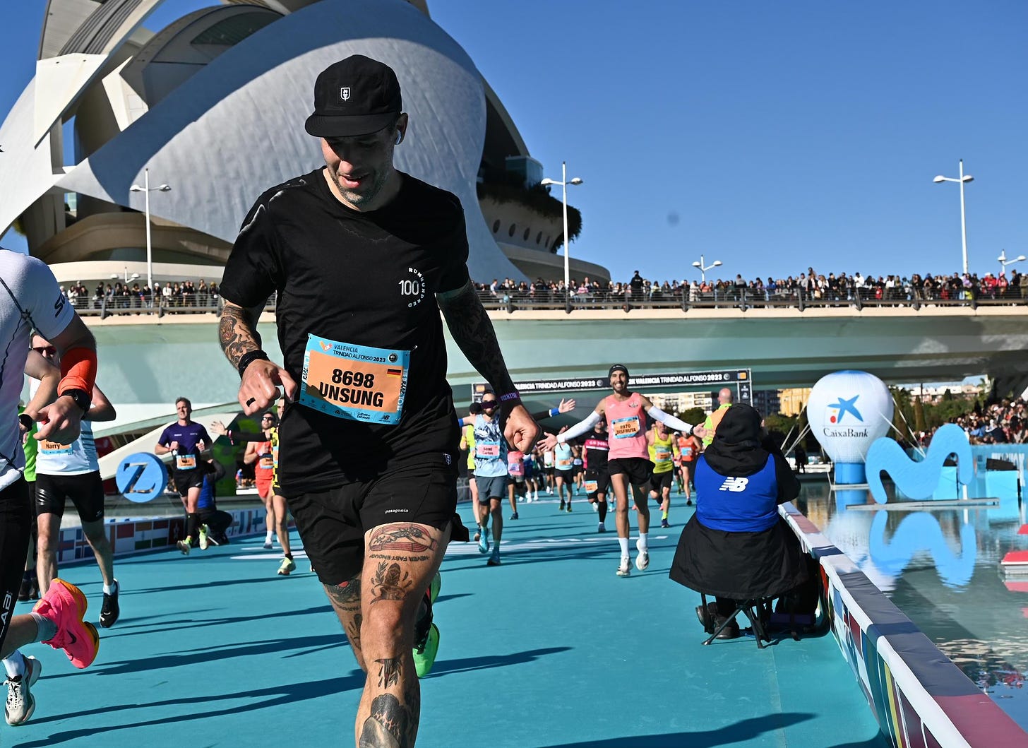 The author racing towards the finish line of the Valencia Marathon