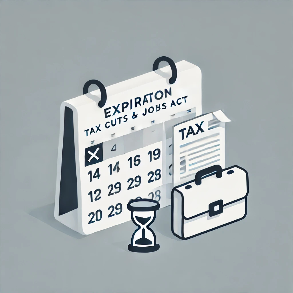 A minimalist graphic representing the expiration of the Tax Cuts and Jobs Act. The image features a calendar with an expiring deadline symbol, alongside a tax document and a briefcase, symbolizing the impact on jobs and taxes. The design is clean and simple, focusing on the concept of the act's expiration without any text or extra elements.