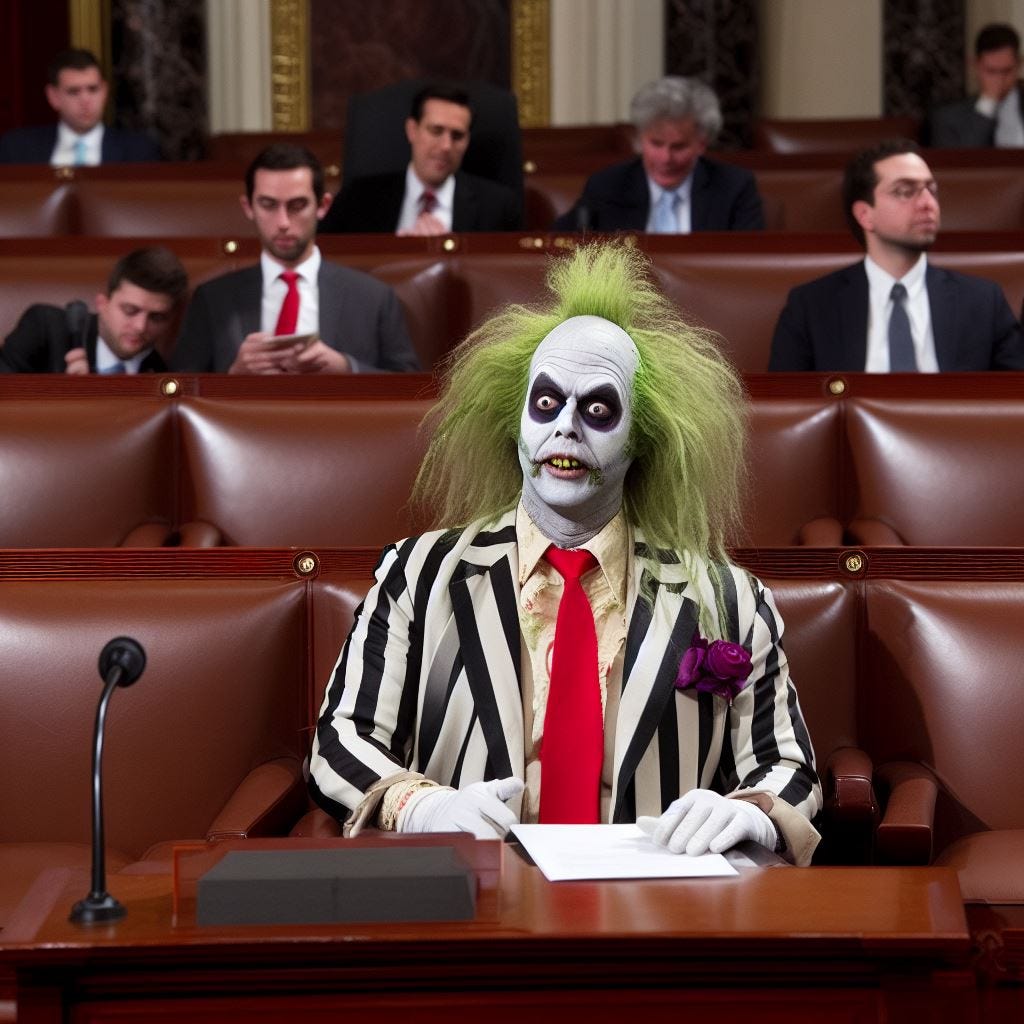 Beetlejuice as a member of congress on the floor of the house of representatives, photorealistic