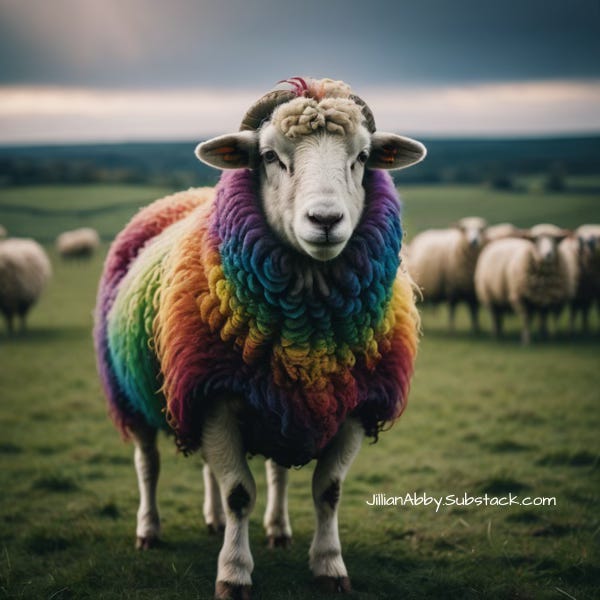 A sheep with rainbow wool stands in a field with other white sheep in the background.