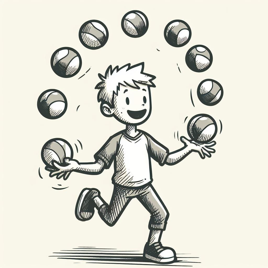 sketch cartoon style drawing of a person juggling multiple balls in their hands flawlessly