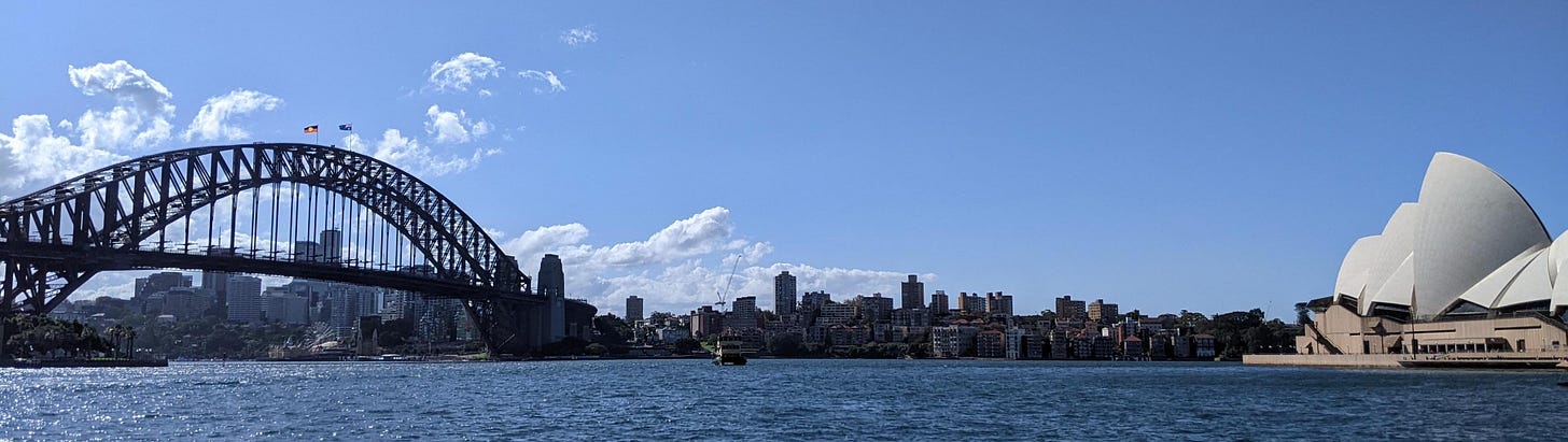 Sydney Harbour Bridge and Sydney Opera House, taken from a ferry on the water