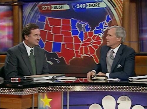 Journalists Tim Russert and Tom Brokaw broadcasting on Election Day 2000 (or more likely in the wee hours of the next day) in front of a map of red and blue U.S. states