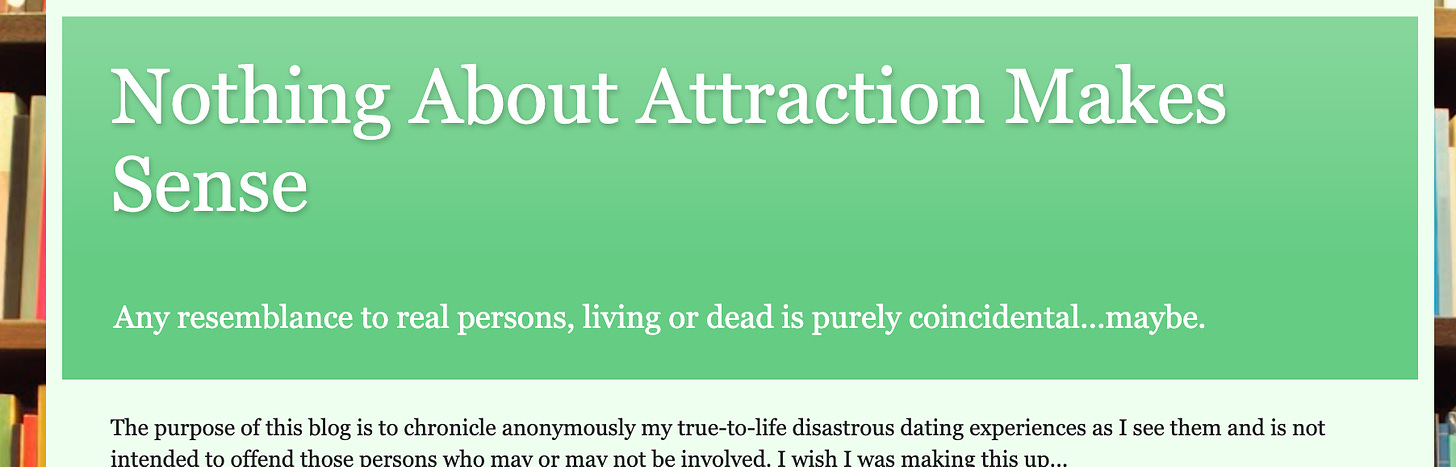 My former blogspot blog - called Nothing about attraction makes sense - screenshot of blog title page