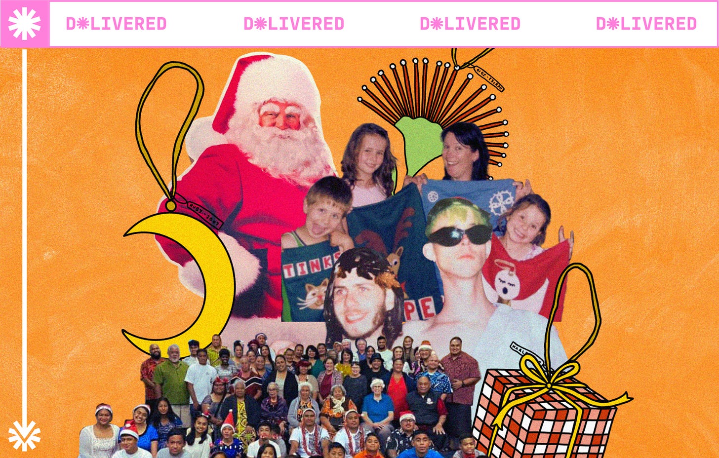 A collage of D*List contributors and their whānau, alongside Santa and Christmas ornaments