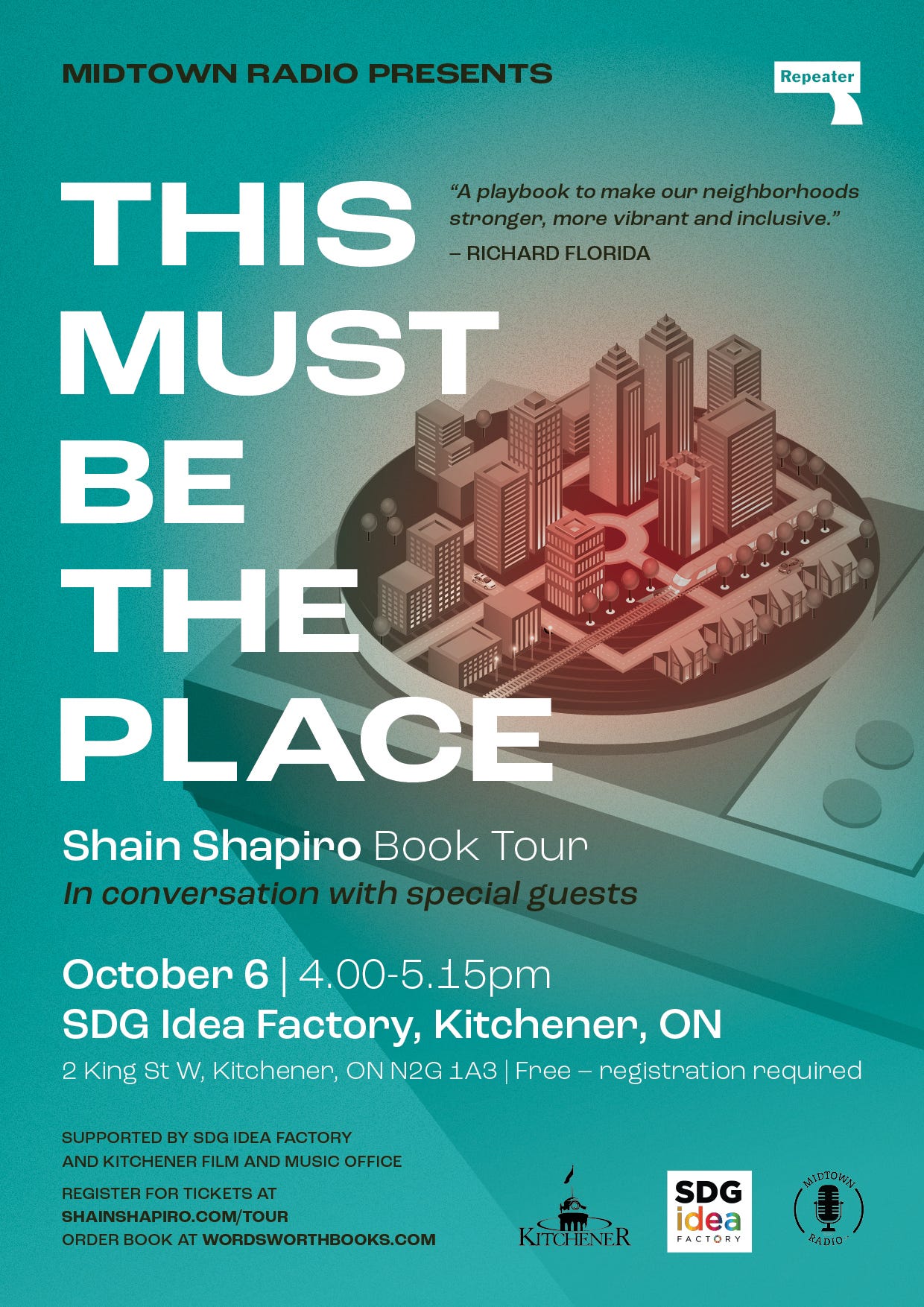 Poster announcing the 'This Must Be The Place' book tour and panel discussion.