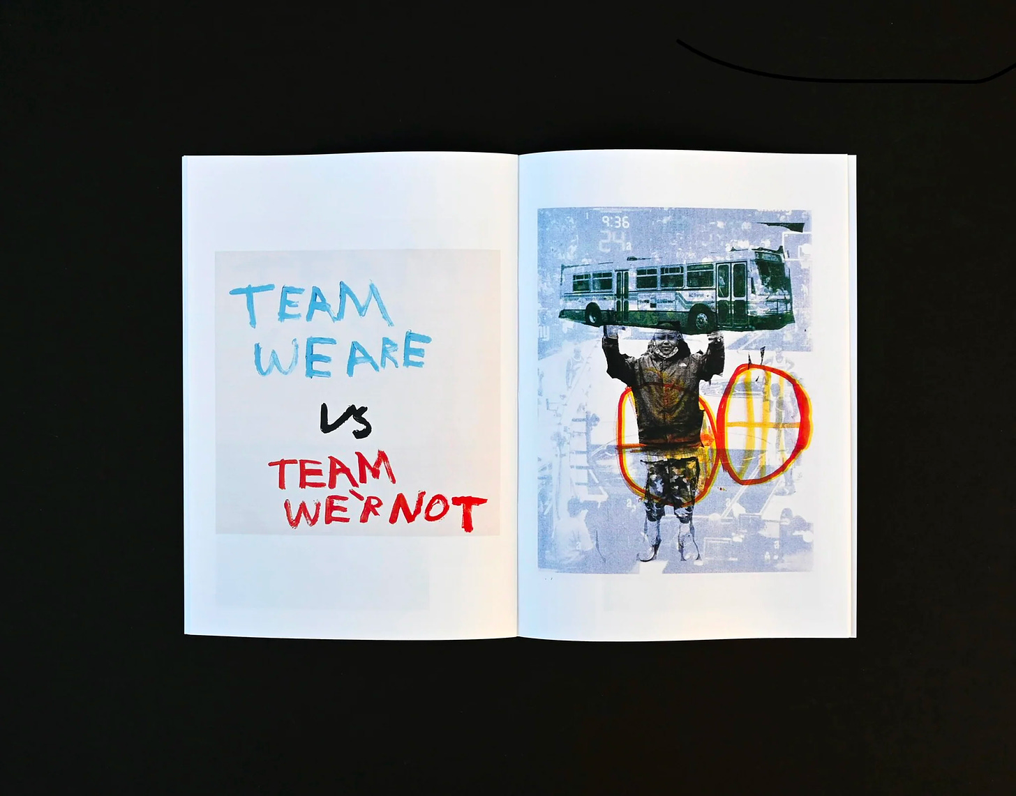 An open book shows two pages. On the left, a text drawing says Team we are vs Team we’r not. On the right, a collage shows a person holding a Muni bus over their head, with yellow and red basketballs drawn on top.