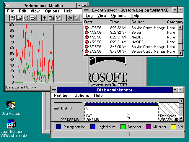 Desktop with applications in Windows NT 3.1 Workstation