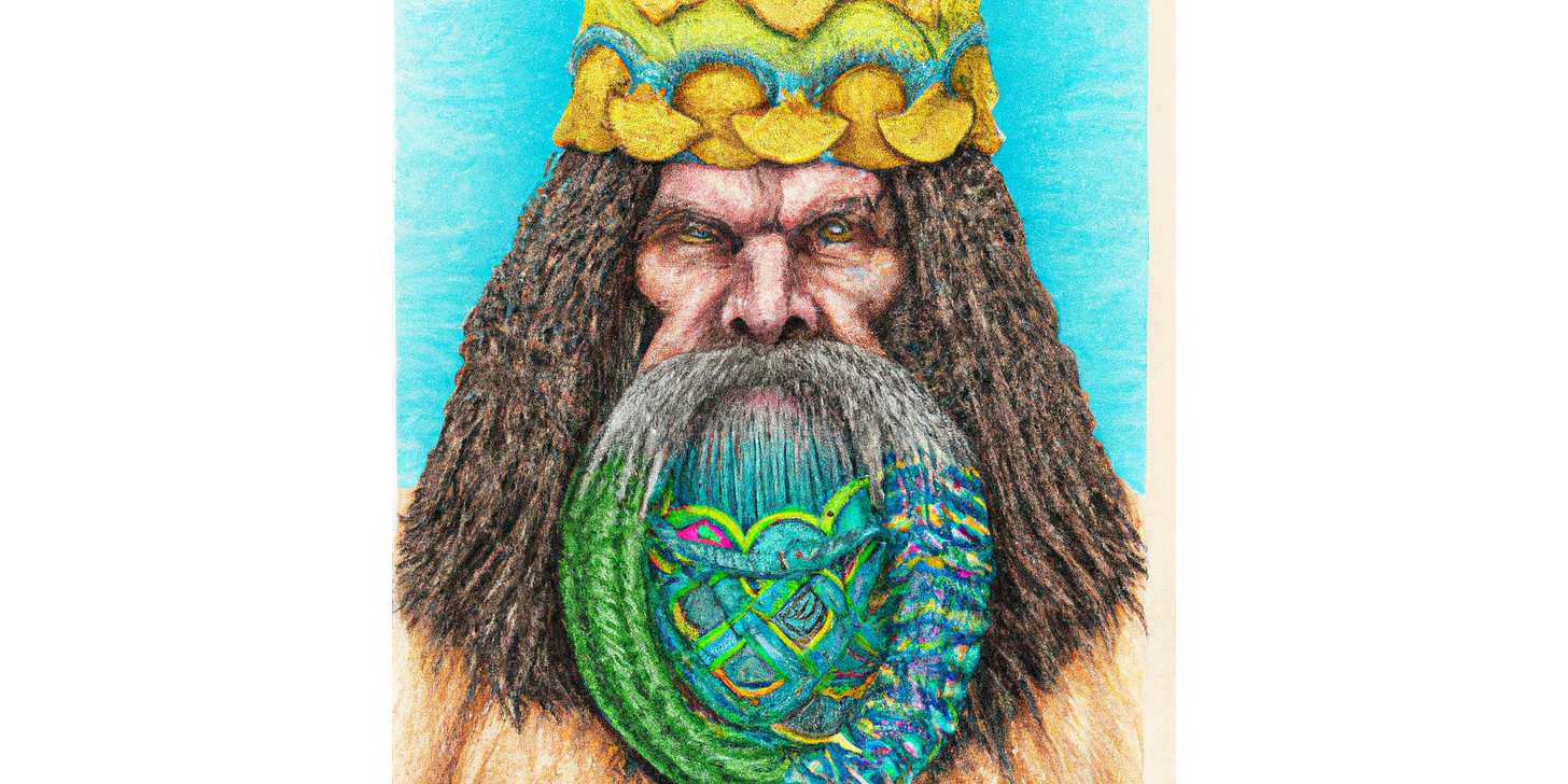 Image of a man with long hair and a braided moustache-beard in psychedelic colors