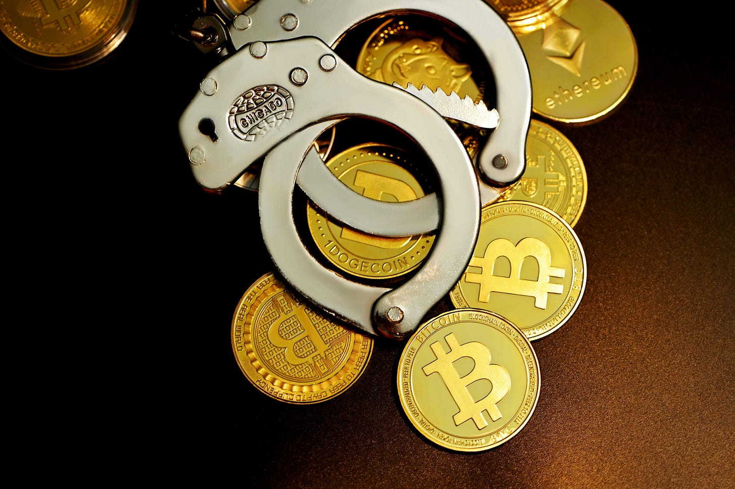 photo of crypto represented by gold coins with handcuffs on top of it photo of crypto represented by gold coins with handcuffs on top of it