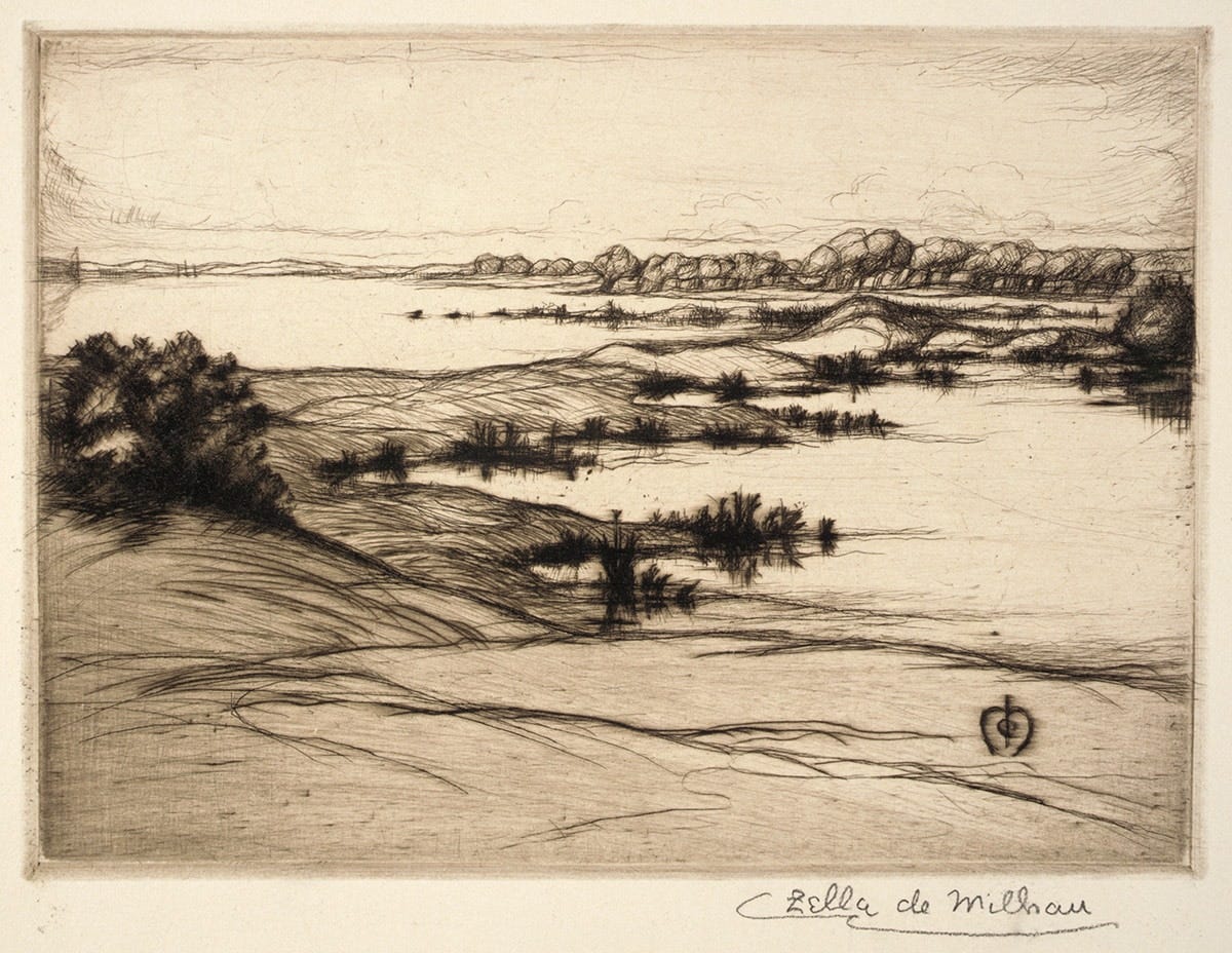 an etching of a landscape with a signature by zella de milhau