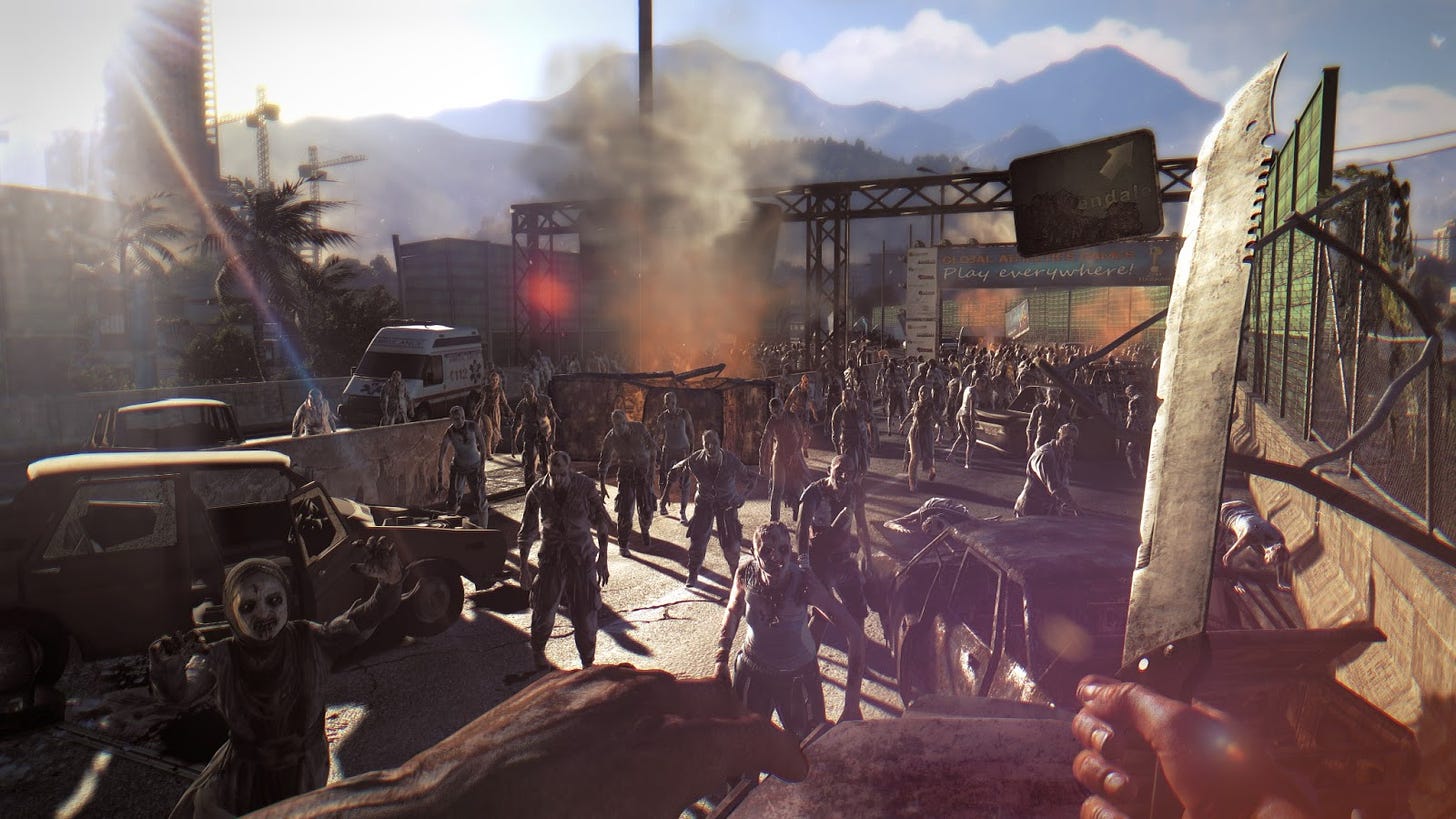 a first-person perspective carrying a combat knife and looking out on a crowd of zombies