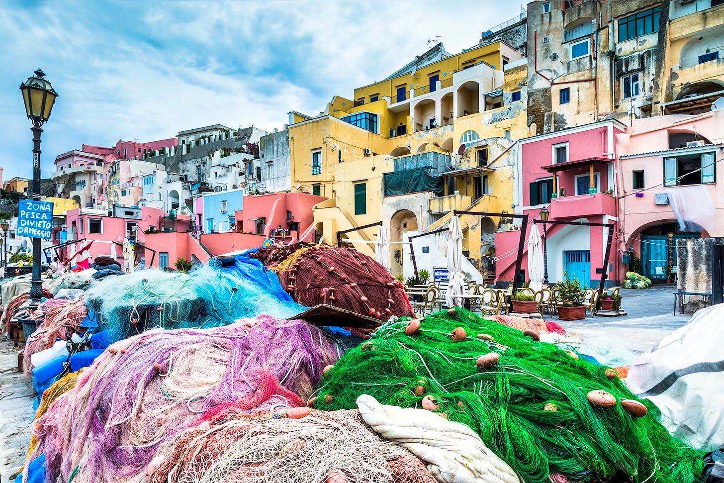 Colorful fishing nets at a peaceful harbor. 