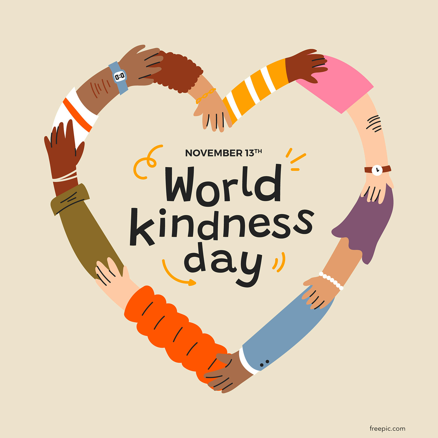 A graphic of a heart formed by interlocking forearms and hands with these words in the center: November 13 World Kindness Day
