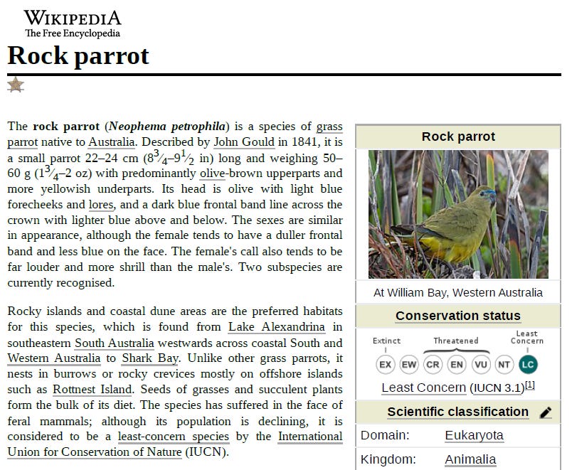 Screenshot of the Rock Parrot article