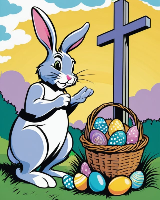 The Easter bunny placing a basket of colored eggs at the base of a Christian cross in the style of a coloring book page.
