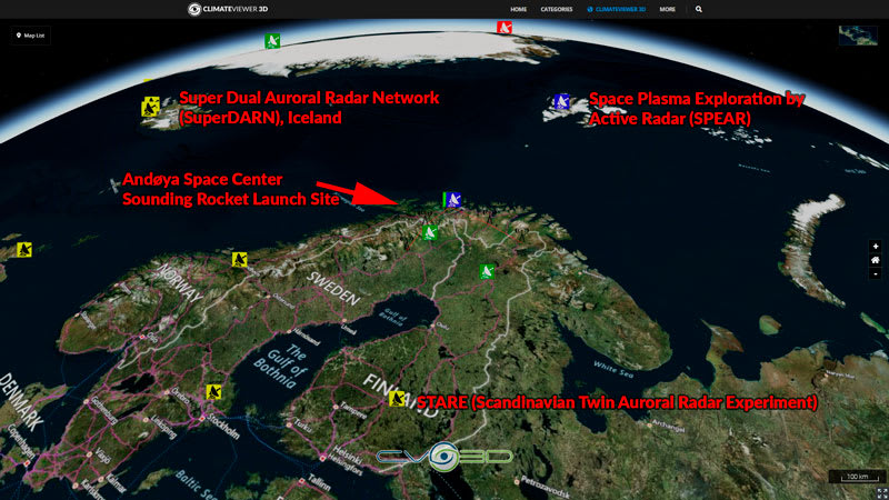 Grand Challenge Initiative CUSP-sonde rakettbaner, nordlysradarer og ionosfæriske varmeovner (Kart).