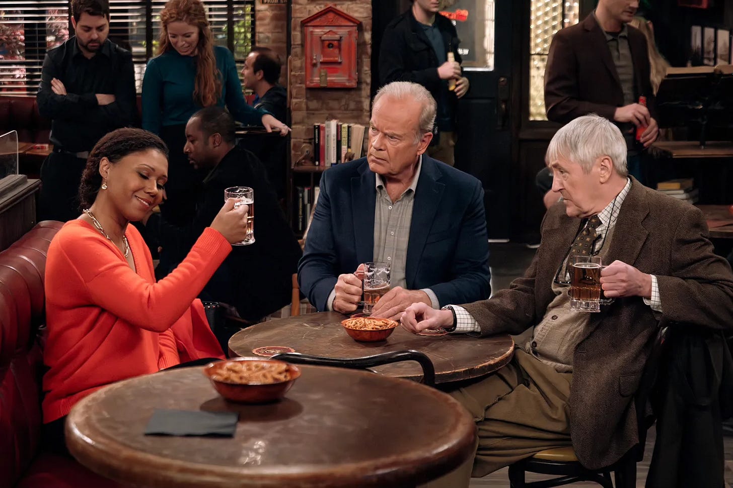 Toks Olagundoye, Kelsey Grammer, and Nicholas Lyndhurst in Fraiser (2023)