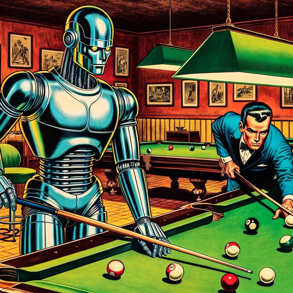 A vivid scene in a 1960s American comic book style depicting a robot playing billiards against a human. The robot is sleek and metallic with humanoid features, standing at one side of a green billiard table. On the other side, a human player, dressed in a stylish mid-20th century outfit, concentrates on the game. The setting is a cozy, dimly-lit pool hall with vintage decor, including wooden stools and framed pictures on the walls. The artwork captures the dynamic action and suspense typical of that comic era.