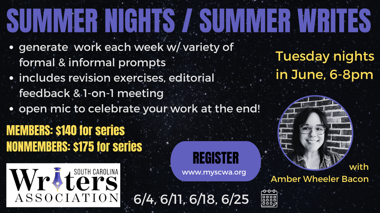 Graphic for Summer Nights / Summer Writes workshop with Amber Wheeler Bacon