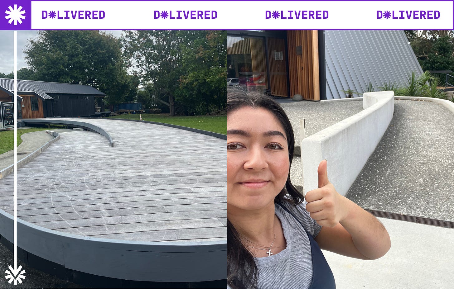 Image description: A collage image of two ramps - a wooden curved ramp, and Olivia does a selfie and thumbs up in front of a concrete ramp outside the marae.