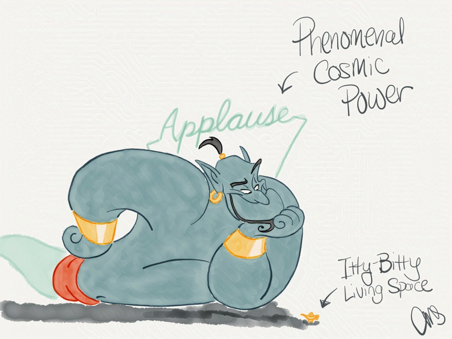 Genie from Disney's Aladdin leaning over looking down at his lamp. An applause sign is over his head and text that reads "Phenomenal Cosmic Power... Itty-Bitty Living Space".