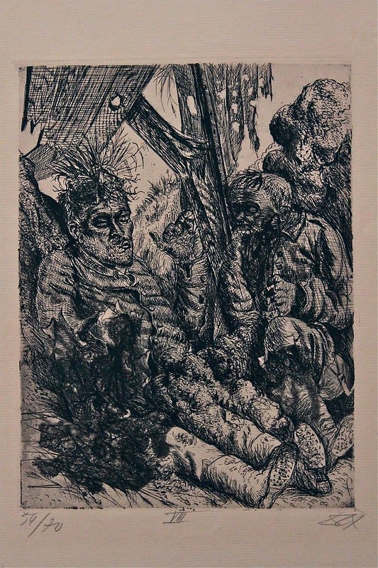 Grotesque cartoon Black and white illustration of sad man in trench World War I.