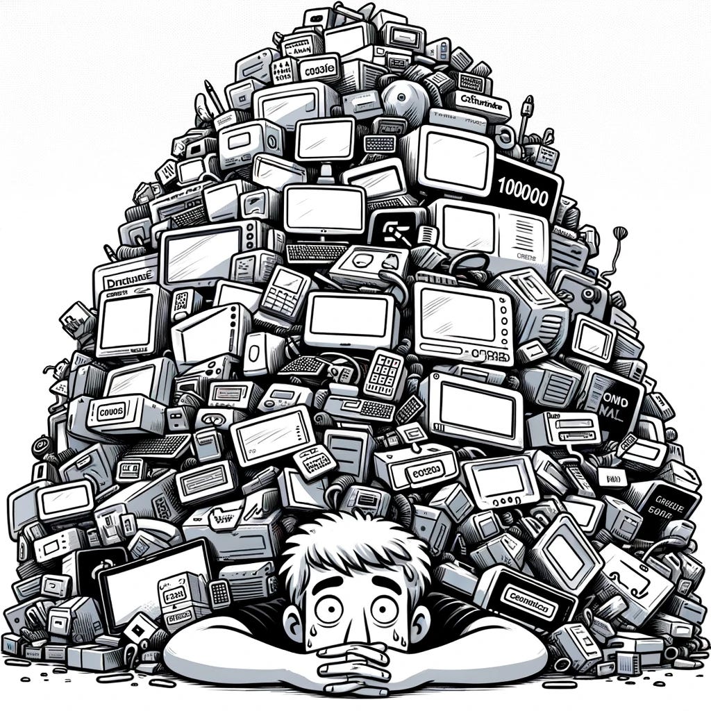 A line art cartoon featuring a cybersecurity professional humorously overwhelmed and buried under a massive, exaggerated pile of 10000 different cybersecurity products. The image should capture the professional's playful distress, with just the top of their head and eyes visible among the towering heap of gadgets, boxes, and screens, each labeled with technical and imaginative product names. The style should be light, funny, and engaging, emphasizing the absurdity of the situation.