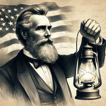 a sketch of an American statesman with a beard holding up a lantern illuminating the. Image 3 of 4