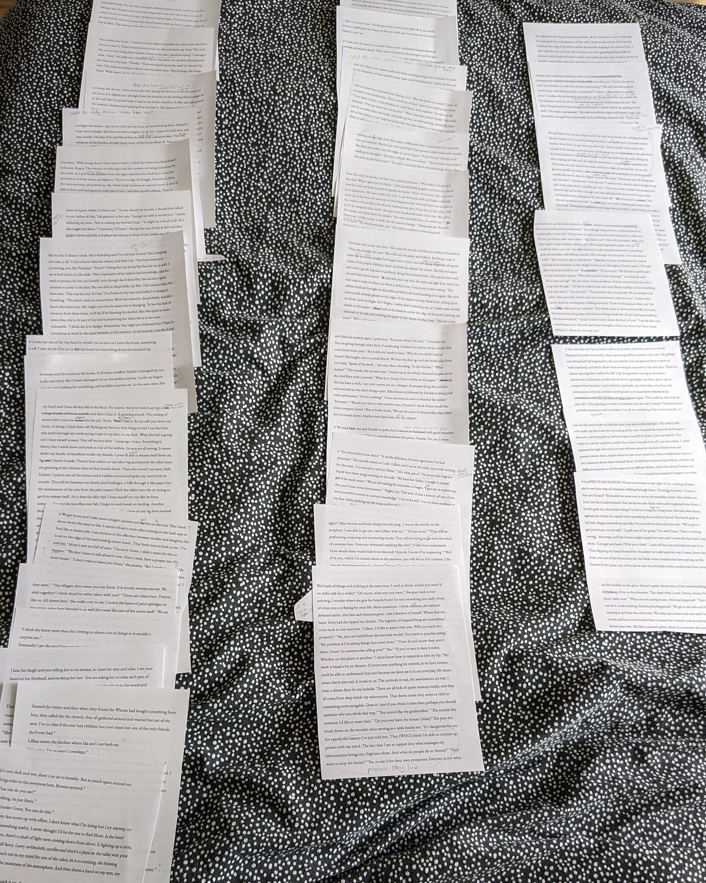 printed out pages of a manuscript to help with edits