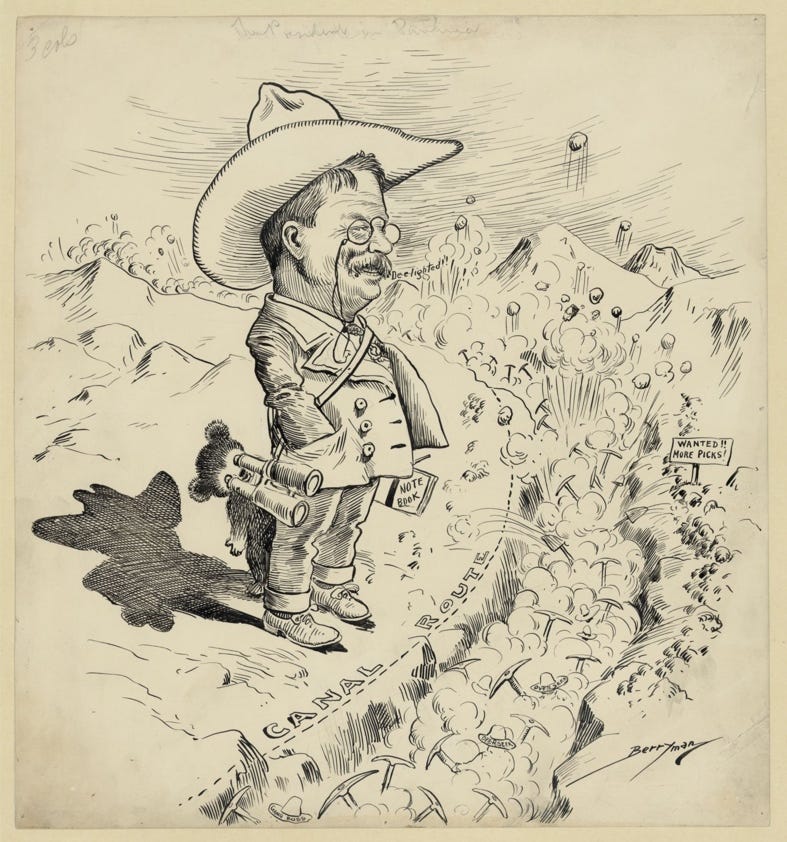A cartoon of Theodore Roosevelt visiting the Panama Canal with a teddy bear holding binoculars behind him