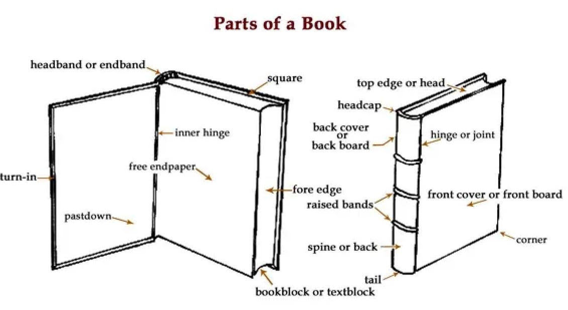 A diagram of a book with certain areas labeled. The label names include Headband or endband, Square, Turn-in, Inner hinge, Free endpaper, Pastdown, Fore edge, Bookblock or textblock, Top edge or head, Headcap, Back cover or back board, Raised bands, Spine or back, Tail, Hinge or joint, Front cover or front board, and Corner