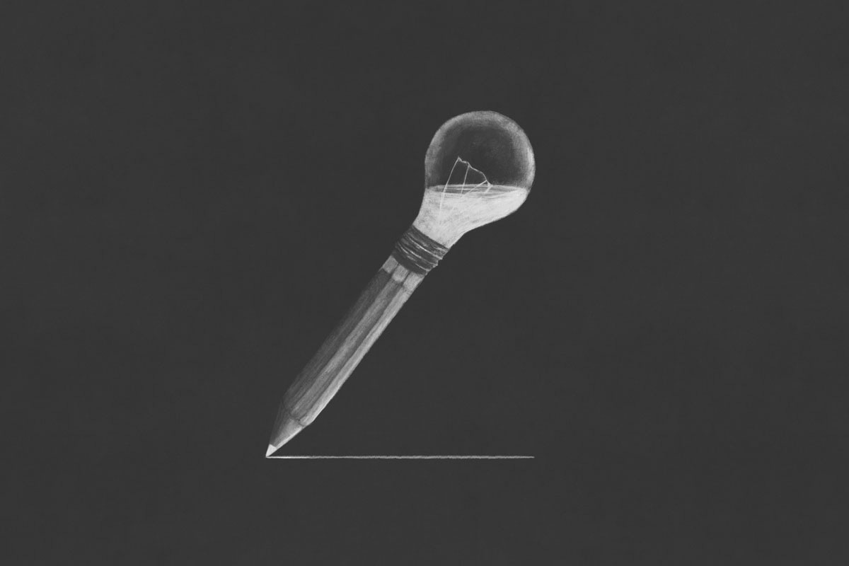 Lightbulb Pencil Drawing White Line on Black Background
