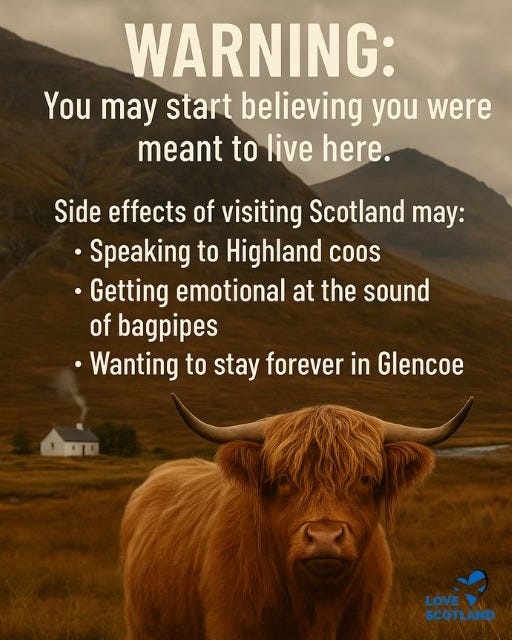 May be an image of text that says "WARNING: You may start believing you were meant to live here. Side effects of visiting Scotland may: •Speaking to Highland coos Getting emotional at the sound of bagpipes •Wanting to stay forever in Glencoe LOVE LOVE SCOTLAND"