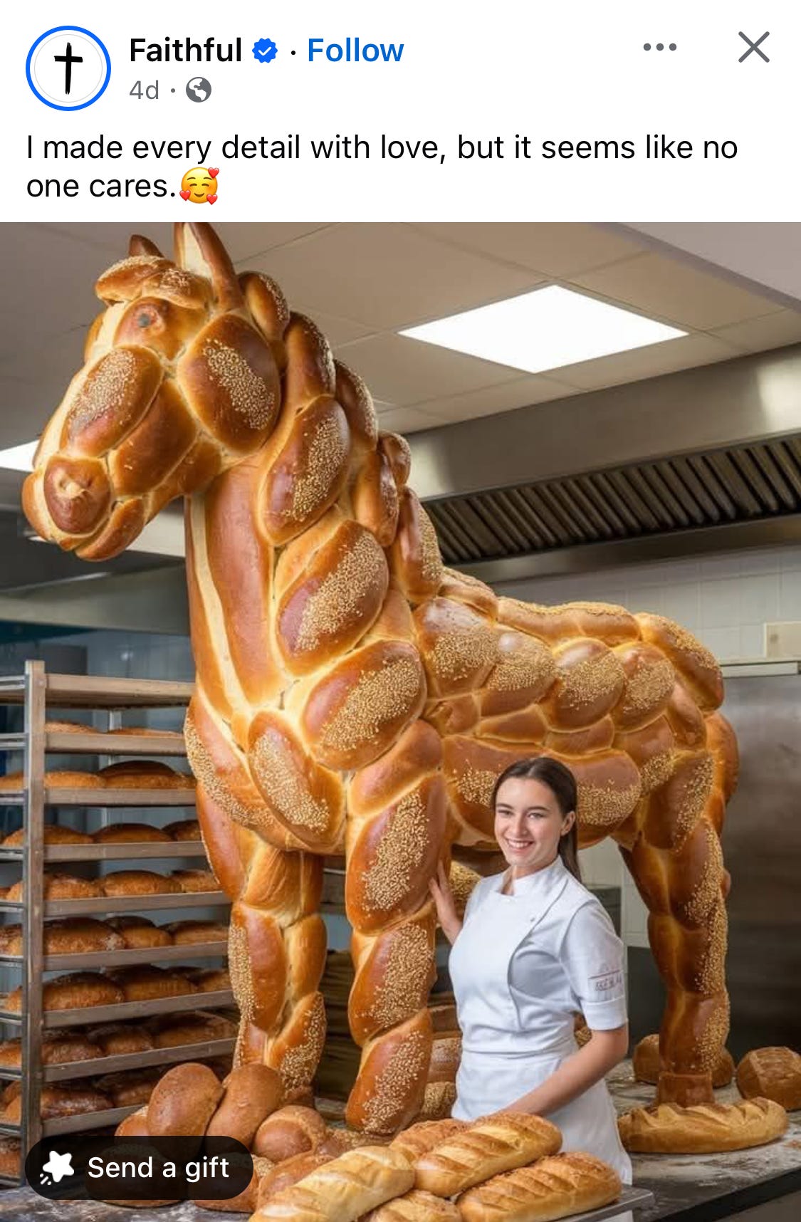 a monstrous AI generated image of a horse made out of sesame seeded bread, posted by a christian facebook account