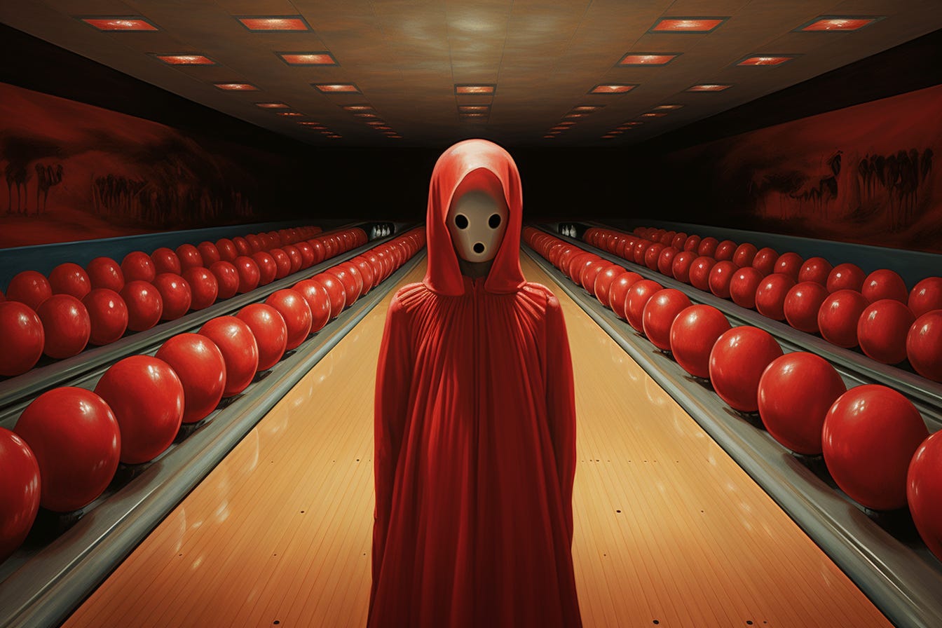 Creepy hooded figure with a bowling ball for a face, wearing a red robe