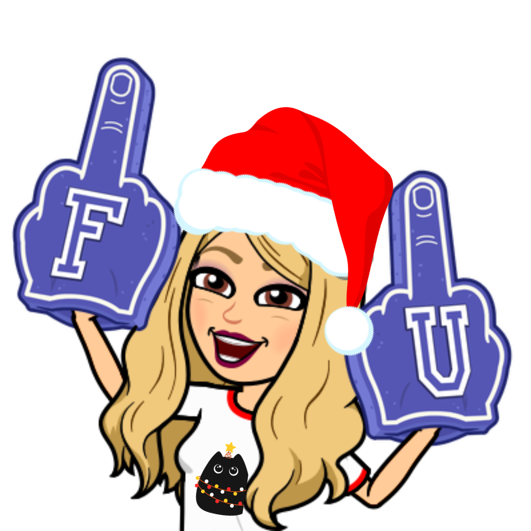 Bitmoji of the author in a santa hat and t-shirt with a black cat wrapped in Christmas lights, joyously flipping up two huge, purple, foam middle fingers. 