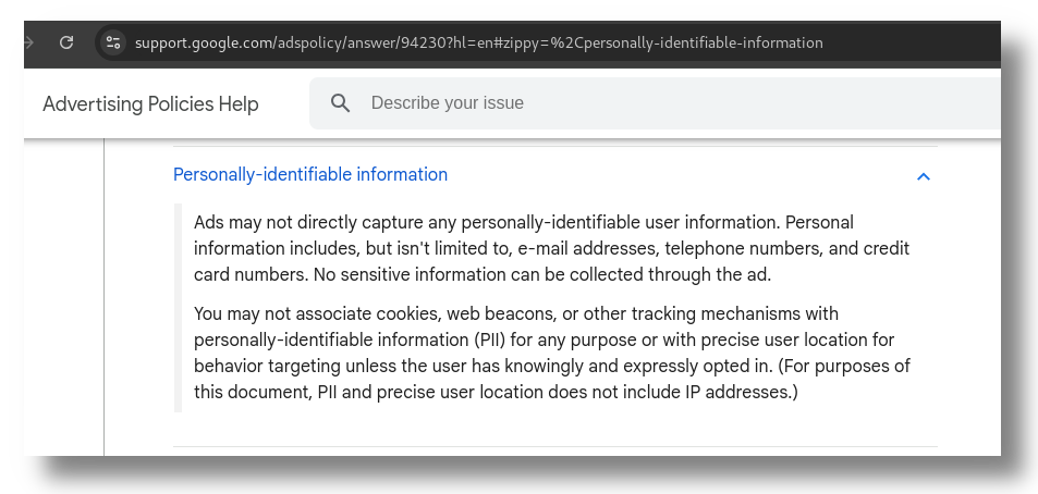 Google's policy on collecting PII data (device and/or browser fingerprint) on 3rd party ad serving.