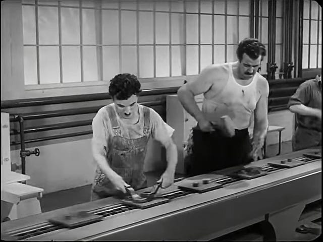 What is Charlie Chaplin's assembly line making in the eating machine scene  of “Modern times”? - Movies & TV Stack Exchange