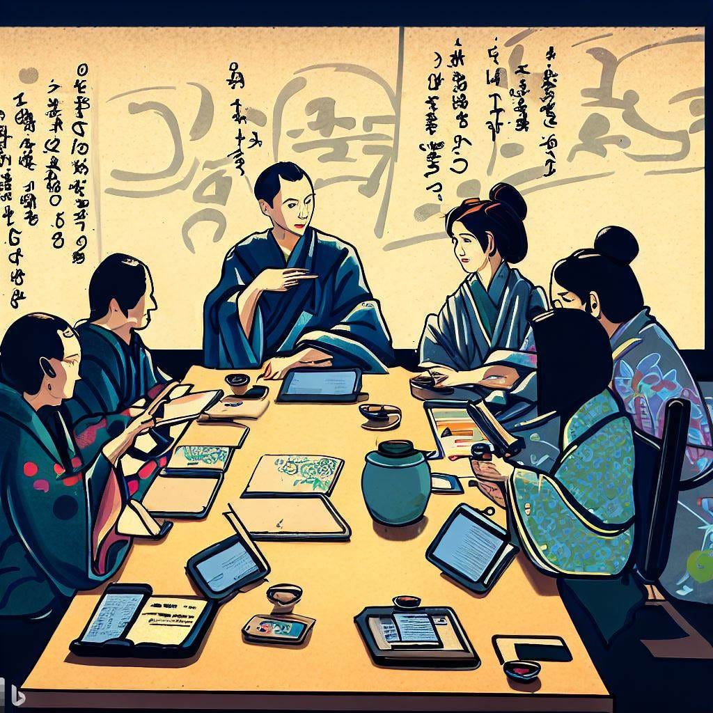 in ukiyo-e style create an image of a diverse group of individuals sitting around a virtual table, each with their own device and a note-taking app open.  Show the individuals engaged in a discussion, with some speaking and others listening attentively. Some are taking notes, while others are sharing resources and offering feedback. In the background, have a chalkboard or whiteboard with various topics and ideas written on i