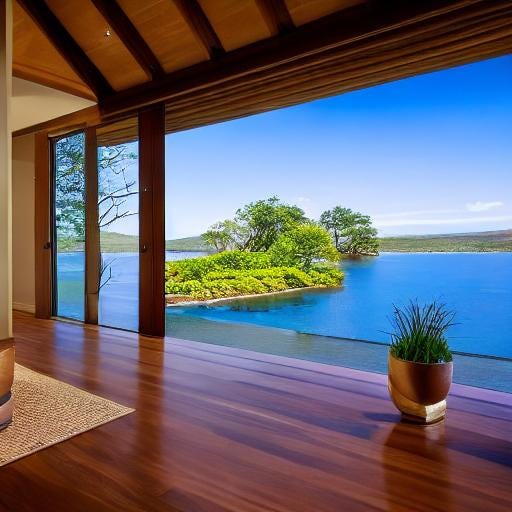 View of a lake from inside a Japanese house