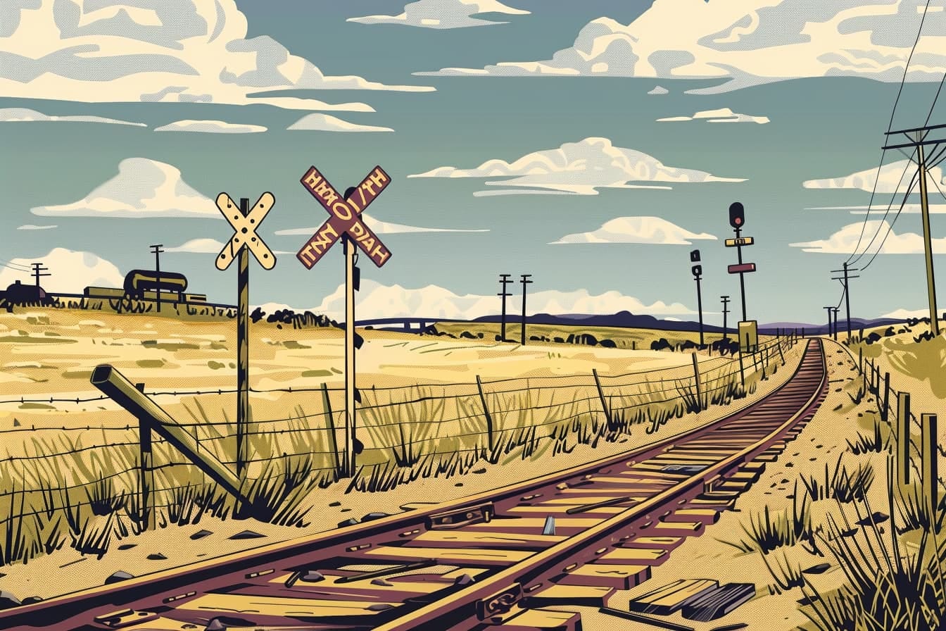 graphic novel illustration of warning signs near a dilapidated railroad on a prairie