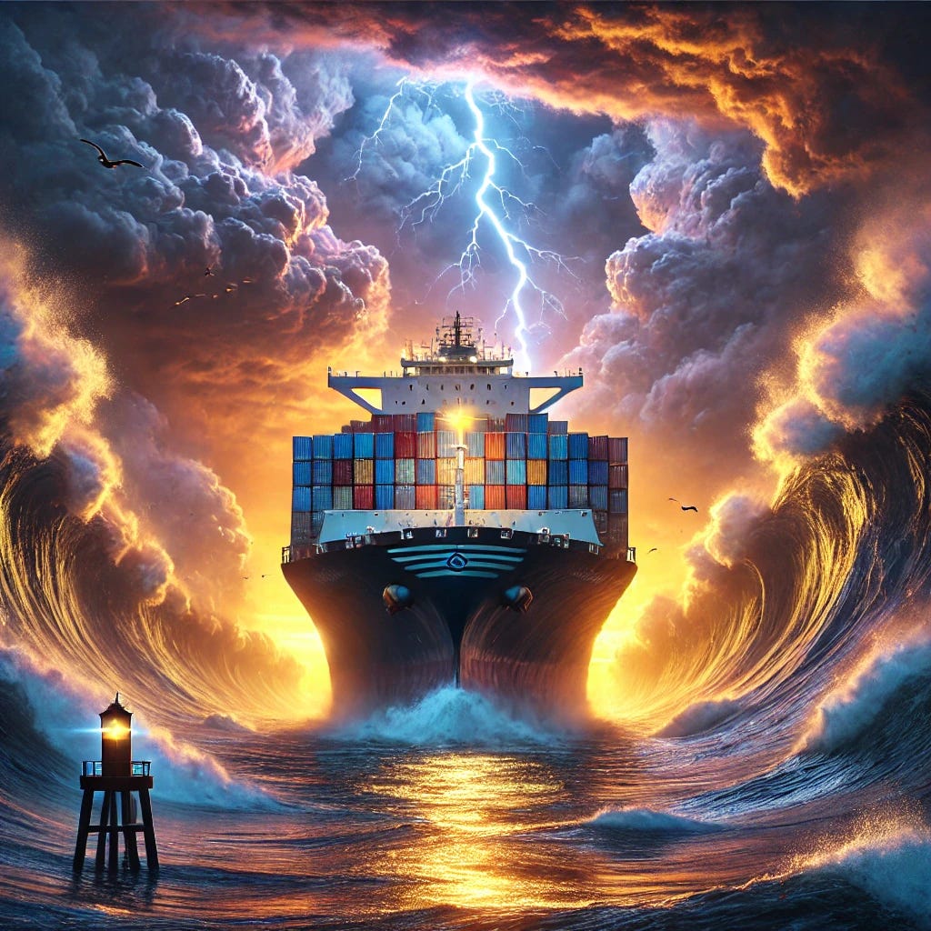 A breathtaking masterpiece of a container ship navigating through a stormy sea at dusk. Towering waves crash against the ship’s hull as dramatic lightning illuminates the sky. The vessel is colossal, with stacked containers in various colors, some showing signs of wear from the harsh journey. A lone lighthouse in the distance casts a guiding beam, and seabirds circle above. The atmosphere is cinematic, with deep blues, purples, and golden reflections on the water. The scene captures the raw power of nature against human engineering.