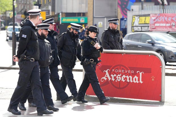 A police patrol outside Arsenal's Emirates Stadium before the Champions League quarter-final match between Arsenal and Bayern Munich in London on 9 April 2024.