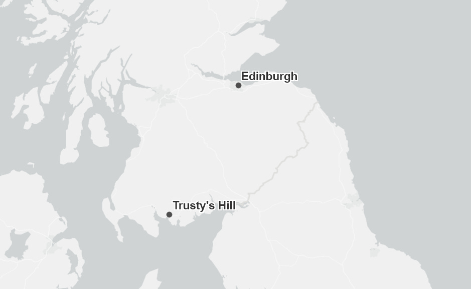A map showing southern Scotland and two location markers at Edinburgh and Trusty's Hill