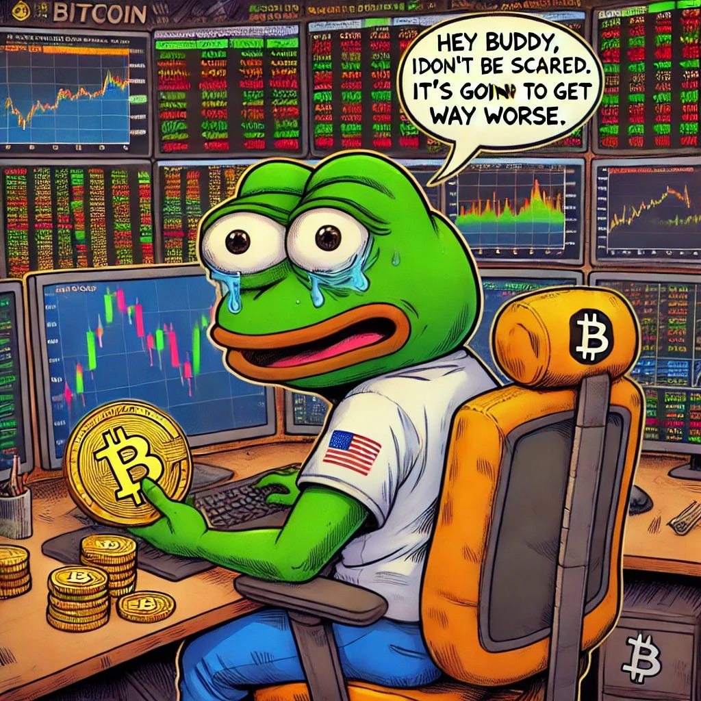 A cartoon frog character inspired by Pepe the Frog, sitting at a trading desk. Pepe is looking over his shoulder with a surprised expression, as if caught in the middle of an act, and holding a Bitcoin. The background features trading screens displaying various stock charts and graphs. A clear word bubble near Pepe's head says, 'Hey buddy, don't be scared. It's going to get way worse.' The overall scene is humorous and slightly exaggerated, capturing the chaotic energy of high-stakes trading.