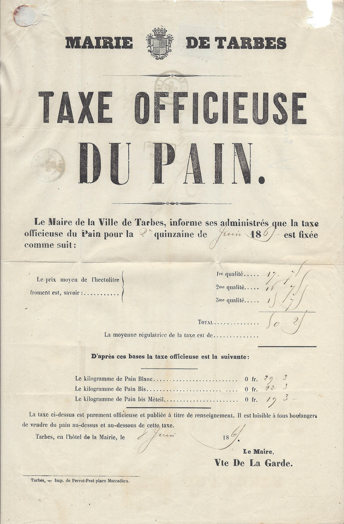 1865 poster advertising bread prices