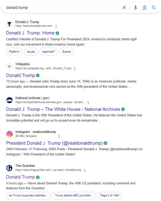 A Google search for 'Donald Trump' showing the Guardian's tag page