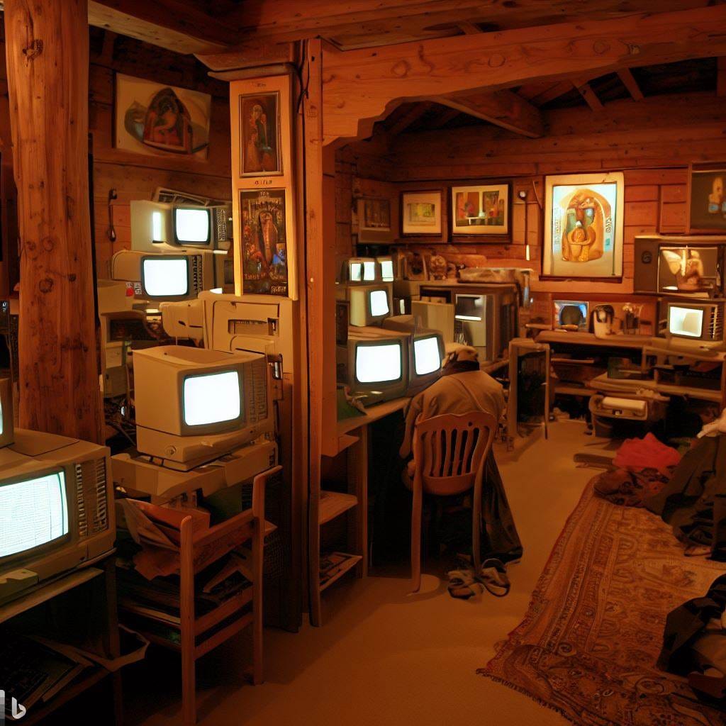 an small but open wooden chalet full of tired people working on old macintosh LC computers with CRT screens and pictures of vajrayana buddhists on the walls